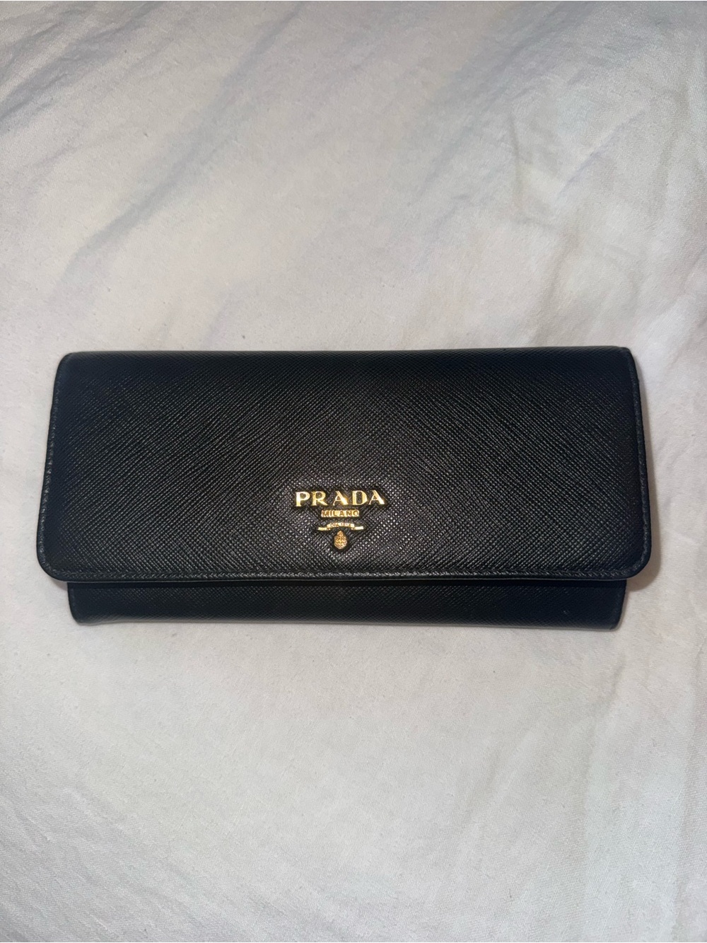 Prada Black Saffiano Leather Continental Wallet with Gold Logo